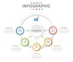 plantilla infográfica para negocios. Diagrama de mapa mental moderno de 5 pasos con círculos, infografía vectorial de presentación. vector