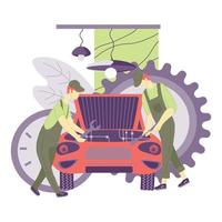 Mechanics repair car in vehicle workshop or garage. Automobile technical service, station and cartoon characters of workers, repairmen. Flat vector illustration isolated on white background.