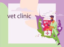 Veterinary clinic and pets care web site template. Vet doctor cartoon character rushing to help. Medical animals help service, landing page design flat vector illustration.