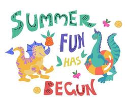 Cute dinosaurs or dragons on the beach or swimming pool with summer slogan vector illustration. Poster or banner template to illustrate summer fun.