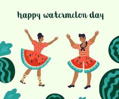 Happy watermelon day flyer or poster layout with characters of dancers in fancy watermelon slice costumes the vector illustration. Summer card or banner design.