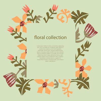 Flowers and leaves text frame hand drawn template in Scandinavian style and copy space. Magazine article, web page, poster template with decorative floral border vector illustration.