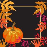 Background with pumpkin and autumn leaves frame flat vector illustration on a dark field. Template for fall season advertising banners or Halloween and Thanksgiving events.