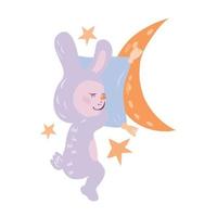 Card with cute sweet sleeping bunny or rabbit, moon and stars. Good night topic animal cartoon character for nursery and children items. Flat vector illustration isolated on white background.