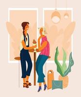 dos niñas o mujeres jóvenes, amigas sentadas en un restaurante, cafetería o bar espresso y hablando. la gente se relaja después de comprar en el centro comercial. recreación y entretenimiento. ilustración vectorial plana. vector