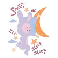 Card with cute sweet sleeping bunny or rabbit, moon, stars and lettering. Good night topic cartoon animal and Sleep Sweet text for nursery and children items. Flat vector illustration isolated.