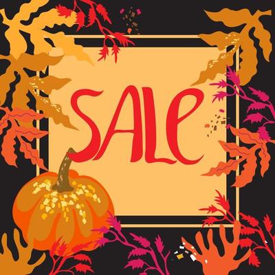 Autumn sale banner with a pumpkin and autumn leaves frame flat vector illustration on a dark background. Template for fall season advertising flyers and posters.