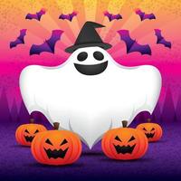 Vector file. Happy and fun Halloween background with ghost and bat and pumpkins. Hallow speech bubble or copy space.