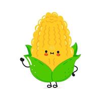 Cute funny corn waving hand character. Vector hand drawn cartoon kawaii character illustration icon. Isolated on white background. Corn character concept