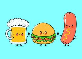 Cute, funny happy glass of beer, sausage with mustard and hamburger. Vector hand drawn cartoon kawaii characters, illustration icon. Funny cartoon glass of beer, sausage mustard and hamburger mascot