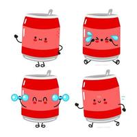 divertido lindo feliz lata de conjunto de personajes de soda. diseño de icono de ilustración de personaje de dibujos animados de estilo de fideos dibujado a mano vectorial. linda colección de personajes de la mascota de la lata de refresco vector