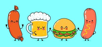 Cute, funny happy glass of beer, sausage with mustard and hamburger. Vector hand drawn cartoon kawaii characters, illustration icon. Funny cartoon glass of beer, sausage mustard and hamburger mascot