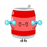 Cute funny can of soda character with dumbbells. Vector hand drawn cartoon kawaii character illustration icon. Isolated on white background. Can of soda character gym concept