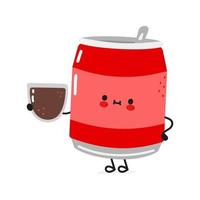 Cute can of soda with glass of juice. Vector hand drawn doodle style cartoon character illustration icon design. Card with cute happy can of soda