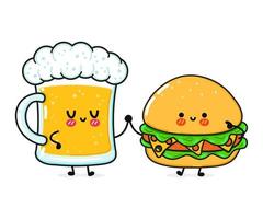 Cute, funny happy hamburger and beer. Vector hand drawn cartoon kawaii characters, illustration icon. Funny cartoon hamburger and beer mascot character concept