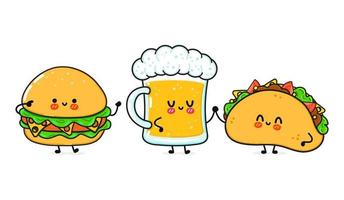 lindo, divertido vaso feliz de cerveza, taco y hamburguesa. personajes kawaii de dibujos animados dibujados a mano vectorial, icono de ilustración. divertida caricatura vaso de cerveza taco y hamburguesa mascota amigos concepto vector