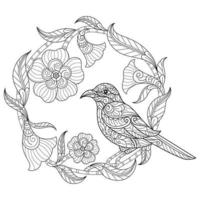 pájaro y flores dibujados a mano para el libro de colorear para adultos vector