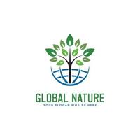 vector de logotipo de naturaleza global, vector de globo y icono de diseño plano ecológico de hoja.