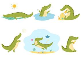 Set of crocodile spending time in summer. vector