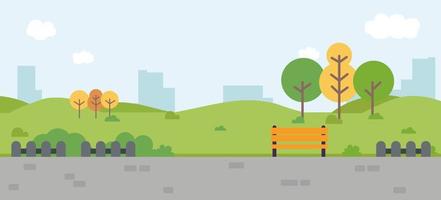 Ilustración de vector de escena de paisaje de parque. naturaleza con edificios, árboles, nubes y cielo. parque público con camino en la zona urbana