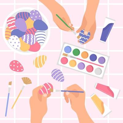 Happy family preparing for Easter. A man and a woman are holding brushes and painting eggs. Top view scene. Vector flat hand drawn illustration.