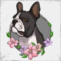 Funny black French Bulldog dog head looking to the top in a colorful floral wreath vector
