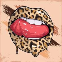 labios femeninos con patrón de leopardo expresión de lengua de mujer, labios de niña salvaje, patrón de leopardo en lugar de lápiz labial