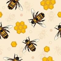 Seamless pattern with honey bees and hexagonal golden honeycombs vector