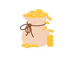Money bag isolated. Gold coins falling from overflowing bag with rope. Vector flat illustration. Symbol of wealth and success