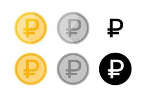 Russian ruble. Coin icons isolated. Vector set of golden, silver and monochrome rouble symbols on white background. Flat design elements