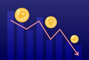 Russian ruble currency drop chart. Rouble coins falls. Ruble graph decreases. Arrow down and diagram. Crash of Russian currency. Vector illustration