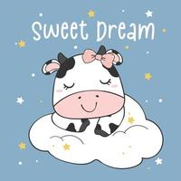 Linda tarjeta de felicitación de animales, vaca bebé durmiendo en una nube blanca, caricatura de niños de guardería, imágenes prediseñadas de granja de animales para camisetas imprimibles vector