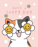 happy greeting card, cute happy playful kitty with daisy flower close eyes, animal pet cartoon drawing vector