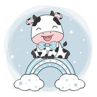 linda tarjeta de felicitación de cumpleaños de baby shower animal, vaquero bebé sentado en arco iris azul, clipart de granja de animales de dibujos animados de niño de guardería para camiseta imprimible vector