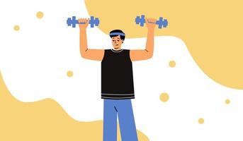 A man holds dumbbells in his hands. A man does sports. Exercises for the hands vector