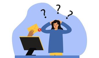 The woman received an urgent letter for work. The surprised woman holds his head. The woman is upset, surprised. The employee is standing at the workplace vector