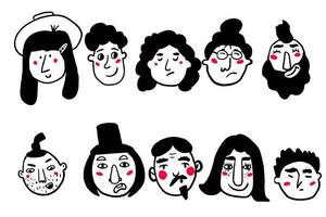 un conjunto de personas con diferentes emociones. avatares dibujados a mano vector