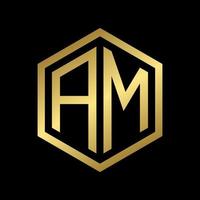 golden initial letter AM hexagon logo design vector