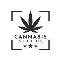 cbd cannabis marihuana cáñamo hoja hierba con marco de lente de cámara cuadrada de enfoque para fotógrafo de fotografía de cannabis diseño de logotipo vector