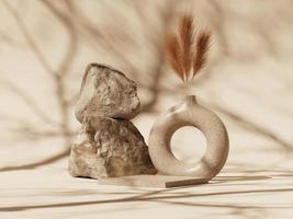 3d minimal display podiums with dried grass in donut jar and stones on beige background. 3d rendering of abstract presentation for product advertising. 3d minimal illustration. photo