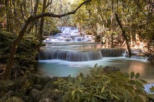 Long exposure exotic beautiful tropical deep rainforest waterfall Fresh turquoise waterfalls in deep forest of Huay Mae Khamin waterfall in the national park Beautiful landscape waterfalls. photo