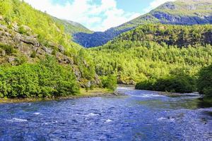 hermoso río azul lago hemsila con panorama de montaña, hemsedal noruega. foto