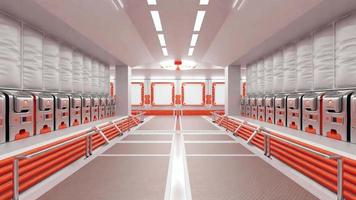 corredor na estação espacial ou laboratório decorado com cor laranja. fundo futurista e tecnologia de ficção científica. animação, renderização 3d.