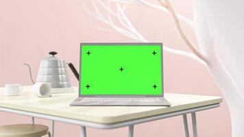 laptopmodel op bureau naast roze muur met witte plant ernaast. zijlicht schaduwt de bomen. groen scherm voor banner en logo. animatie, 3d render.