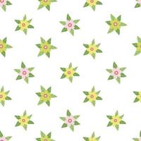 Seamless pattern with daisy flowers and leaves. Great for fabric, wrapping papers, Easter design. Hand drawn flat illustration on white background. vector