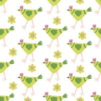 Seamless pattern with colorful decorative green hens and chamomile flowers. Great for fabric, wrapping papers, Easter design. Hand drawn flat  illustration on white background vector