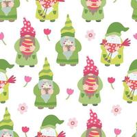 Seamless pattern with  funny gnomes. Great for fabric, wrapping papers, spring and Easter design. Hand drawn flat illustration on white background. vector