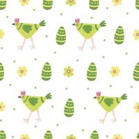 Seamless pattern with colorful decorative green hens, eggs and chamomile flowers. Great for fabric, wrapping papers, Easter design. Hand drawn flat  illustration on white background vector