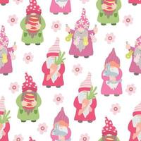 Seamless pattern with  funny gnomes and Easter decorations. Great for fabric, wrapping papers, spring design. Hand drawn flat illustration on white background. vector