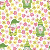 Vector seamless pattern with  funny gnomes and flowers. Great for fabric, wrapping papers, spring and Easter design. Hand drawn flat illustration on white background.